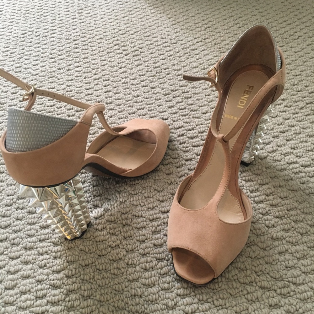 Fendi t-strap sandals nude suede with spiked heel